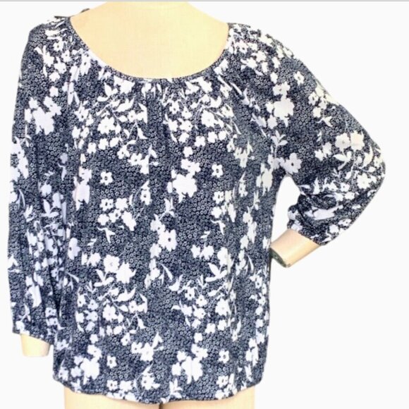 Michael Kors Cotton Modal Floral Peasant Top L Blue & White 134i - Picture 1 of 7